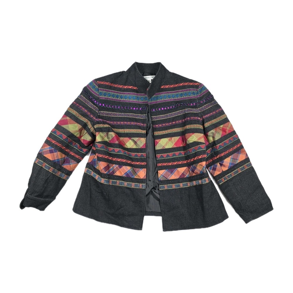 Coldwater Creek P14 Petite Black Denim Sequin Geometric Open Front Jacket Blazer